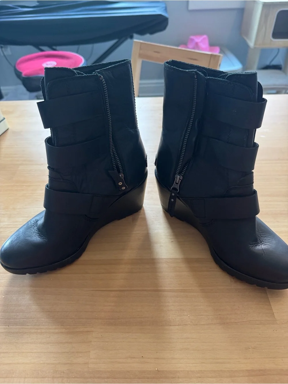 Sorel Black After Hours Leather Wedge Ankle Boots with Triple Buckle Straps